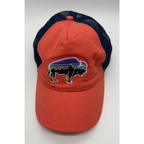 Patagonia Buffalo‎ Bison Embroidered Logo Blue Mesh Orange Trucker Hat Cap - Picture 1 of 4